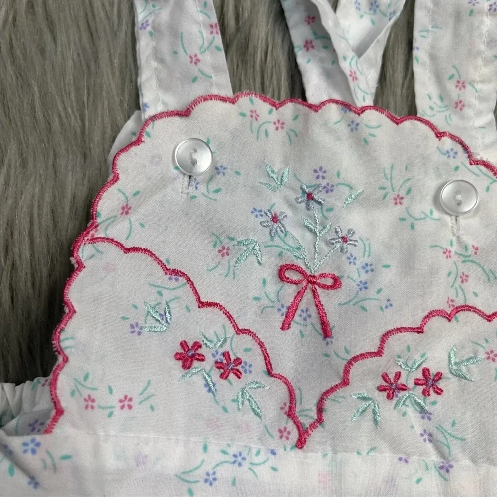 Vintage Baby Girls White Pink Floral Romper Sunsuit